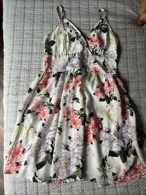 SHEIN White Floral Midi Dress with Pink, Purple & Green Print
